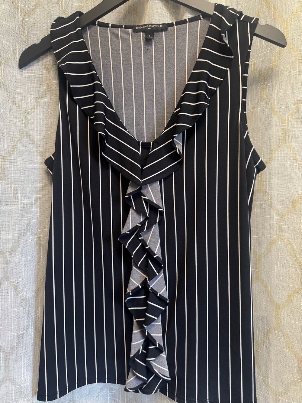 Banana Republic Black and White Vertical Stripe Ruffle V-Neck Tank